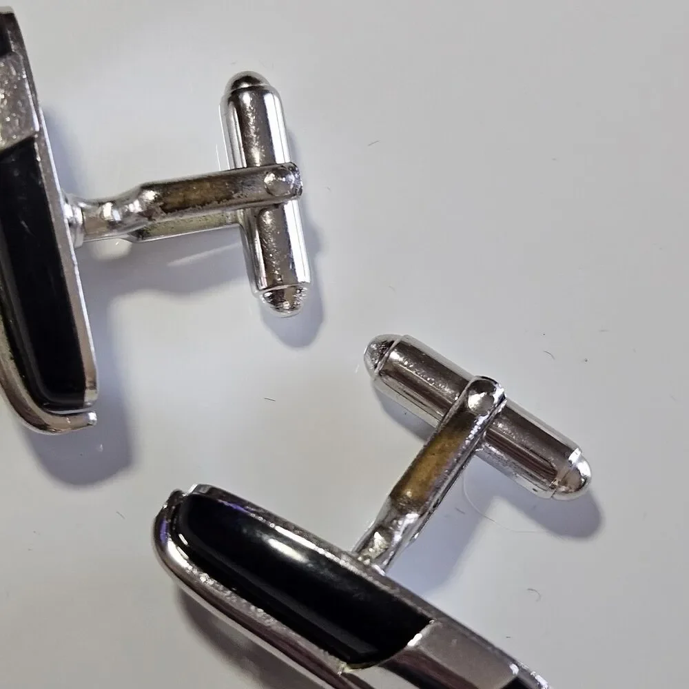 Vintage Anson Silver Tone Black Stone Cufflinks IOB